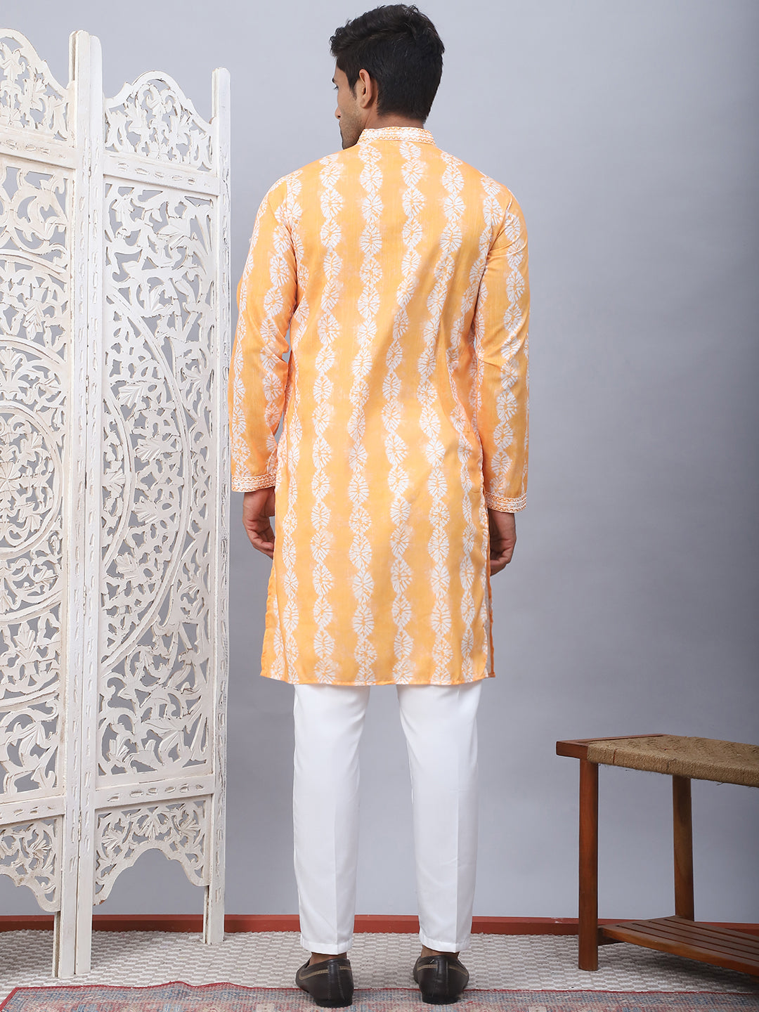 Orange Viscose Embroidered Kurta Pajama Set