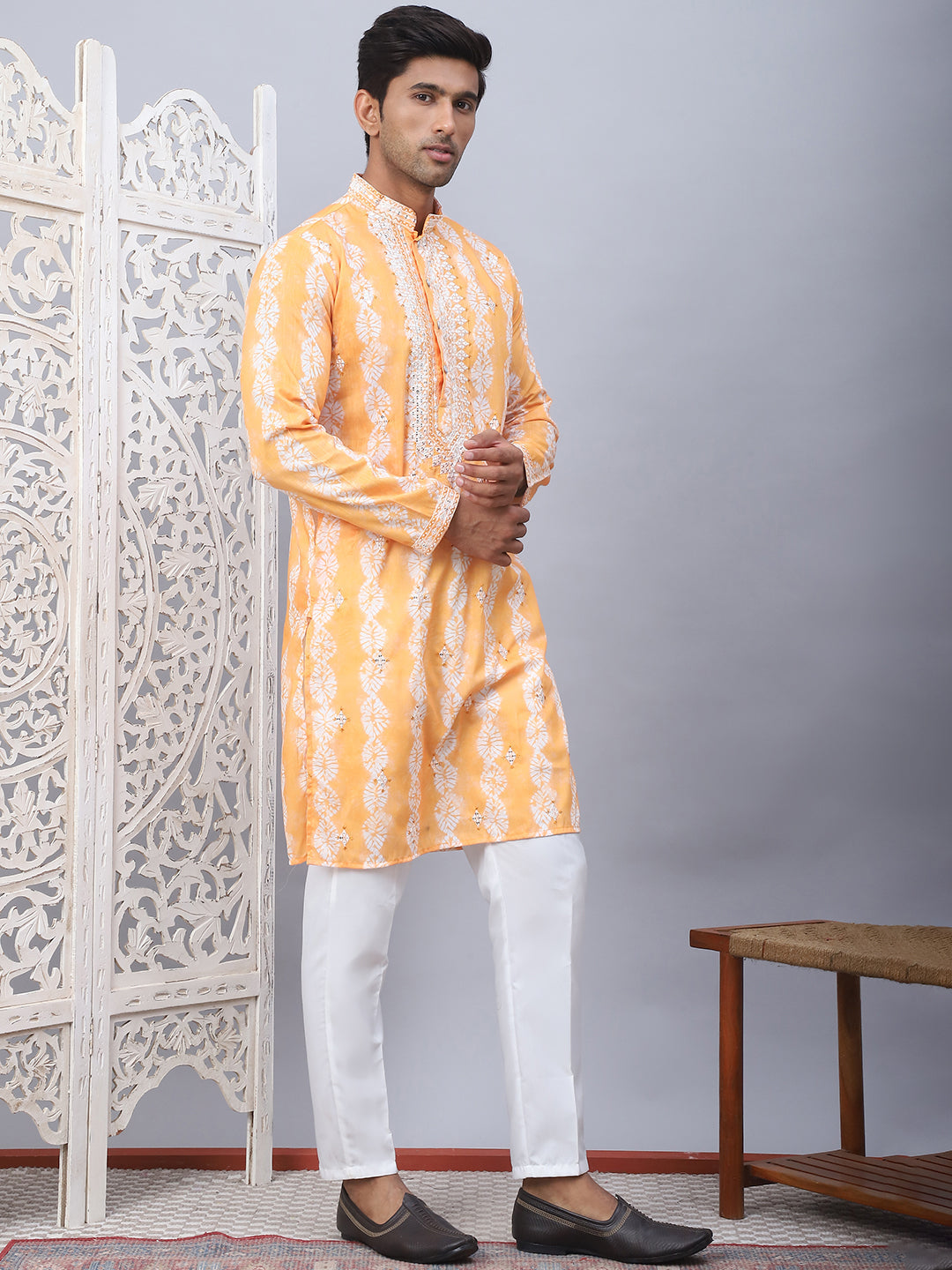 Orange Viscose Embroidered Kurta Pajama Set