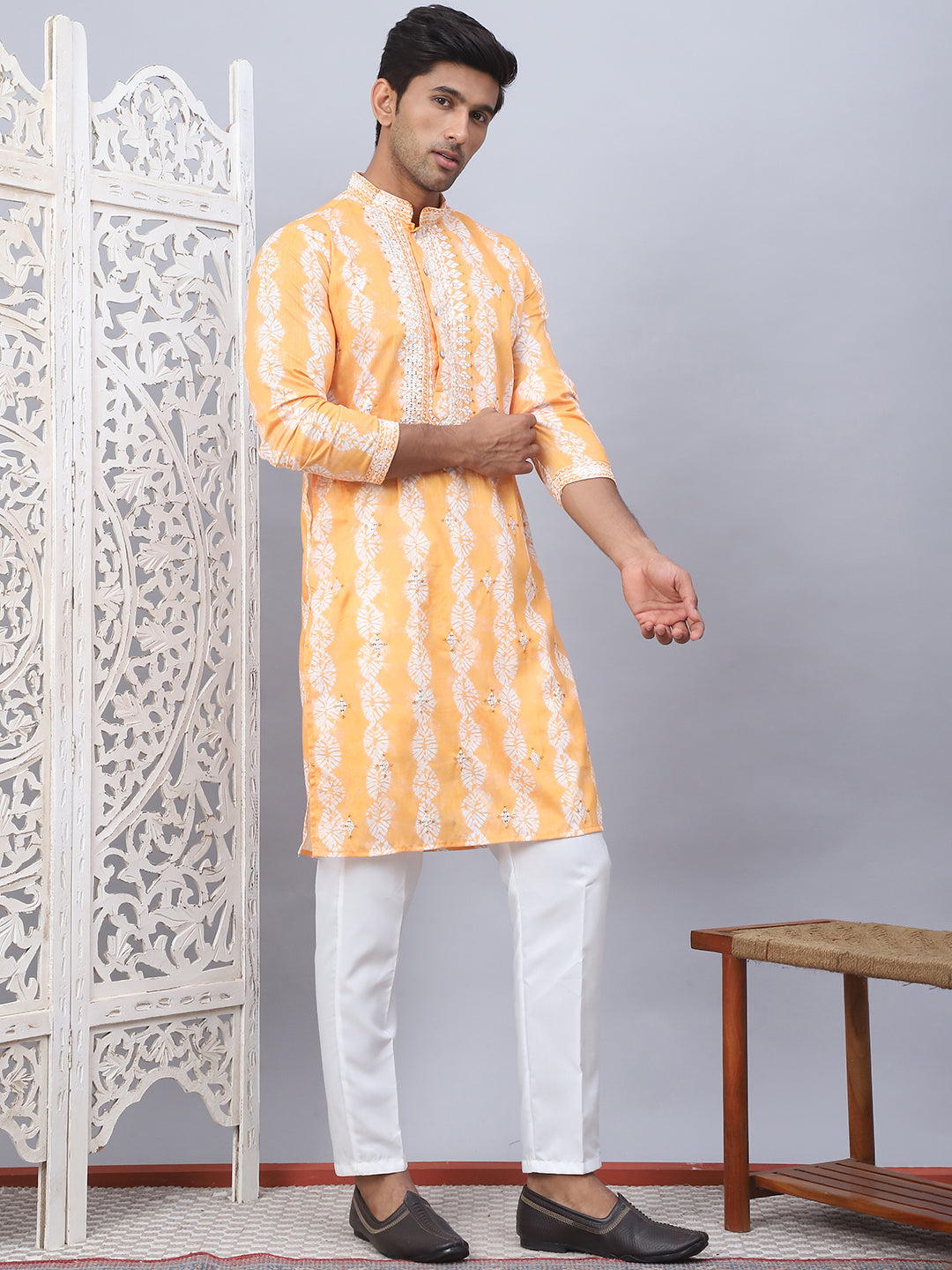 Orange Viscose Embroidered Kurta Pajama Set