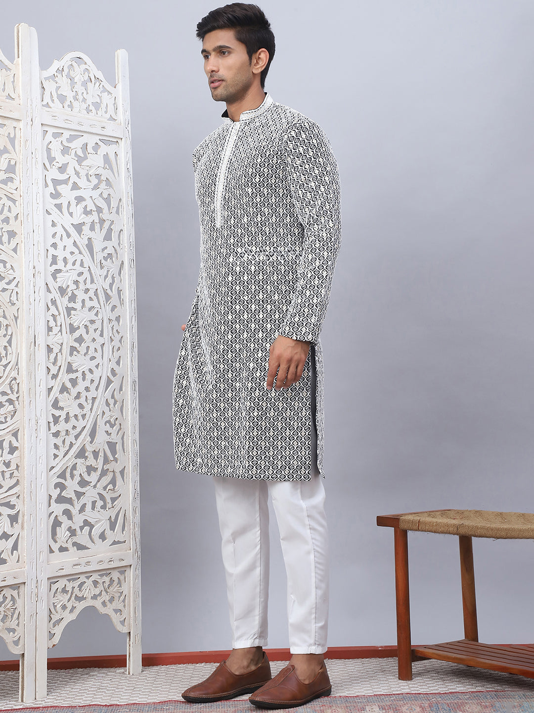 Black Cotton Embroidered Kurta Pajama Set