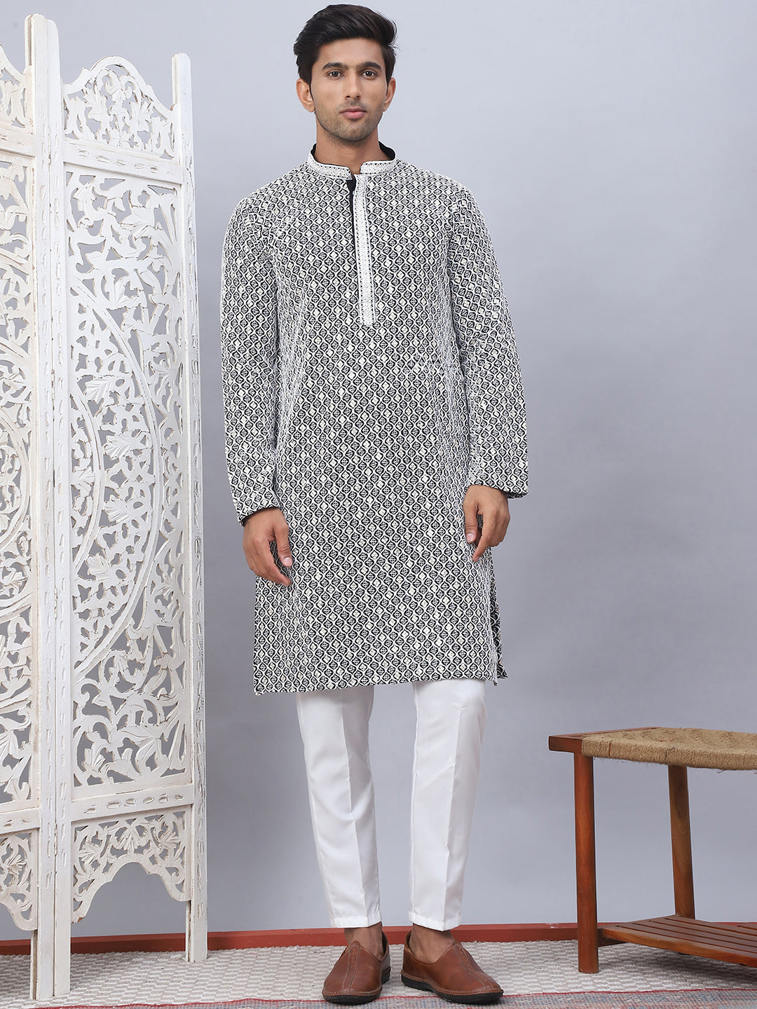 Black Cotton Embroidered Kurta Pajama Set