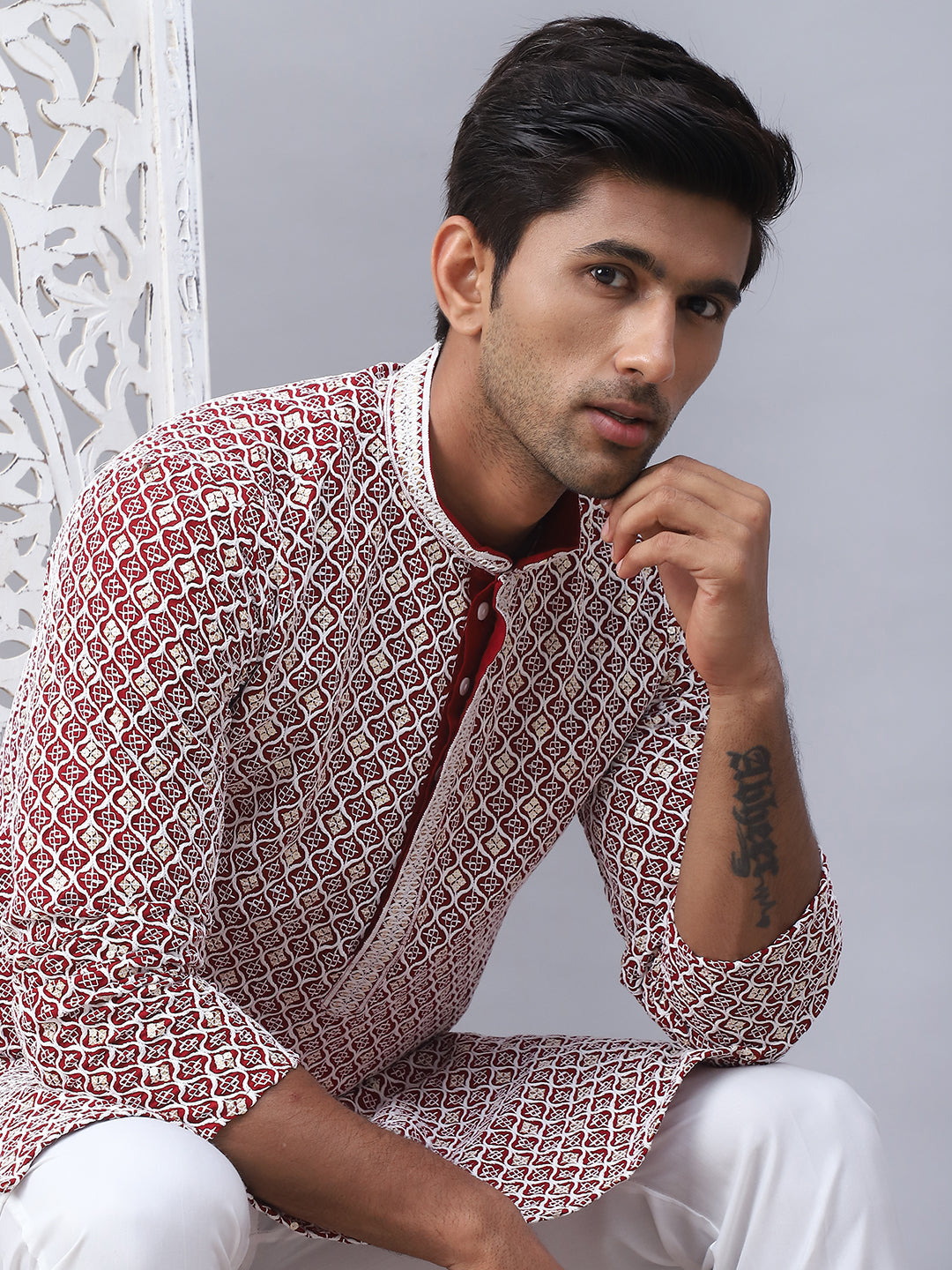 Red Cotton Embroidered Kurta Pajama Set