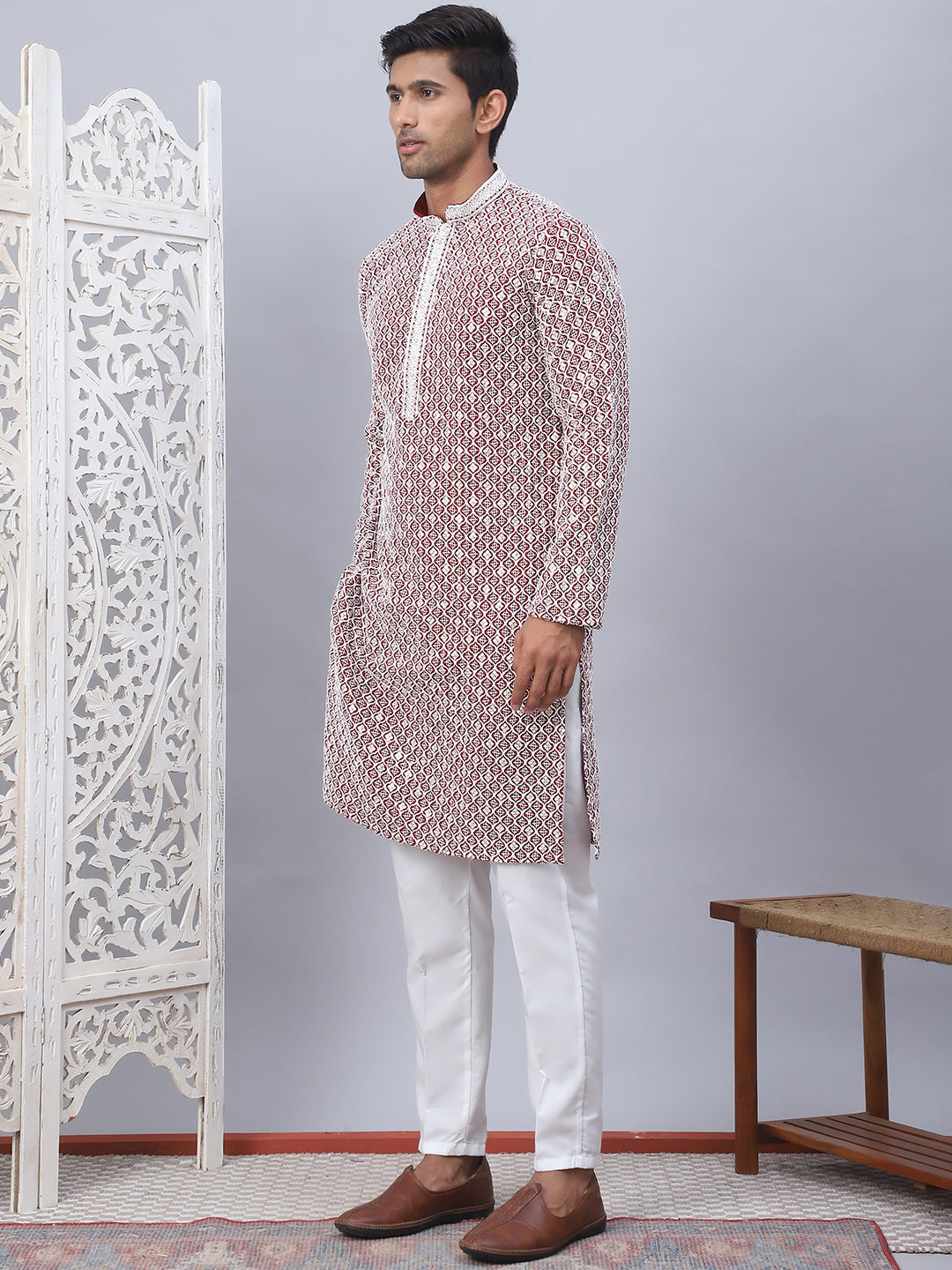 Red Cotton Embroidered Kurta Pajama Set