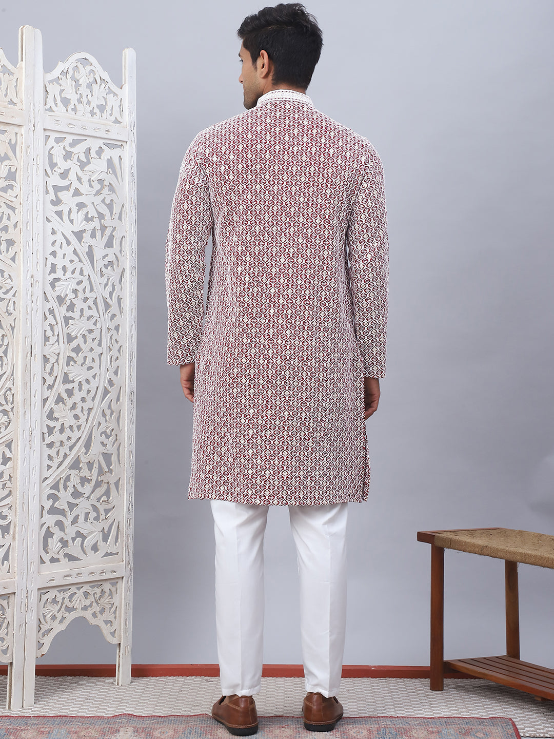 Red Cotton Embroidered Kurta Pajama Set