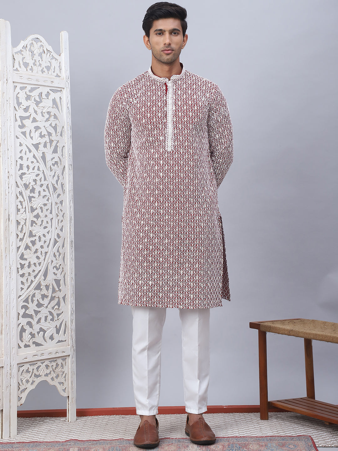 Red Cotton Embroidered Kurta Pajama Set