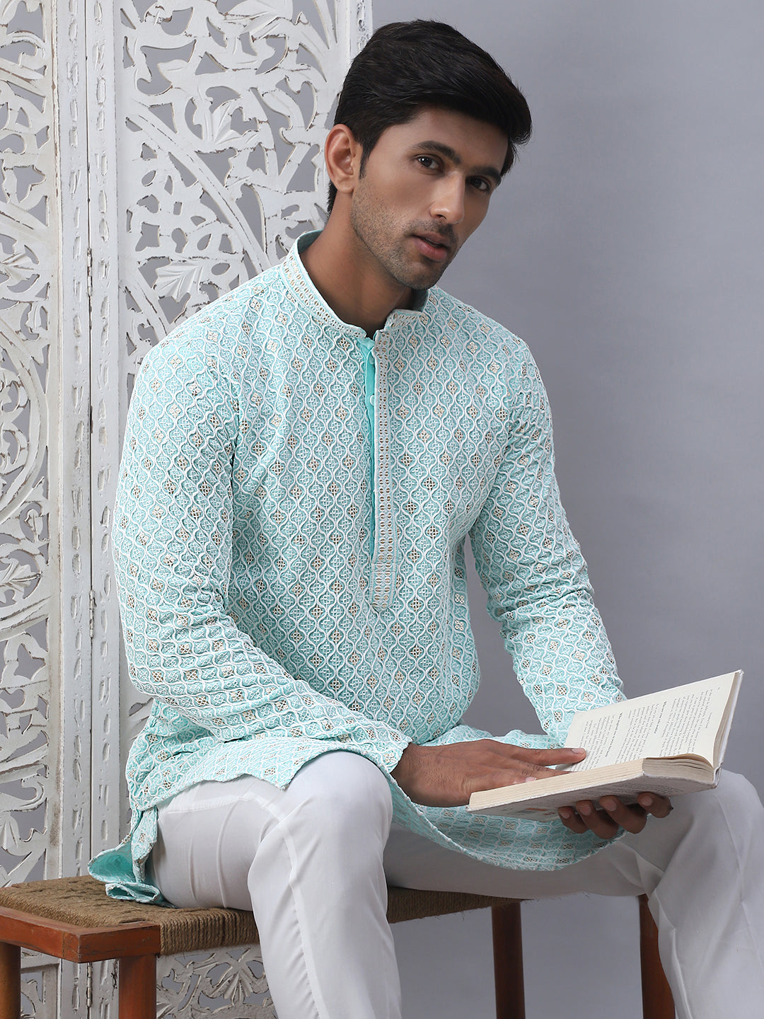 Blue Cotton Embroidered Kurta Pajama Set