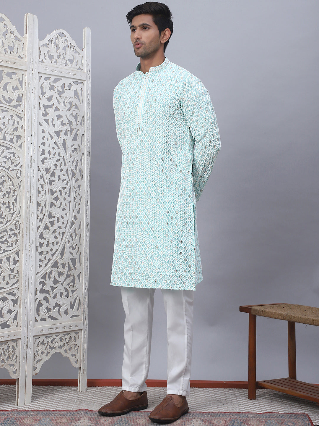 Blue Cotton Embroidered Kurta Pajama Set