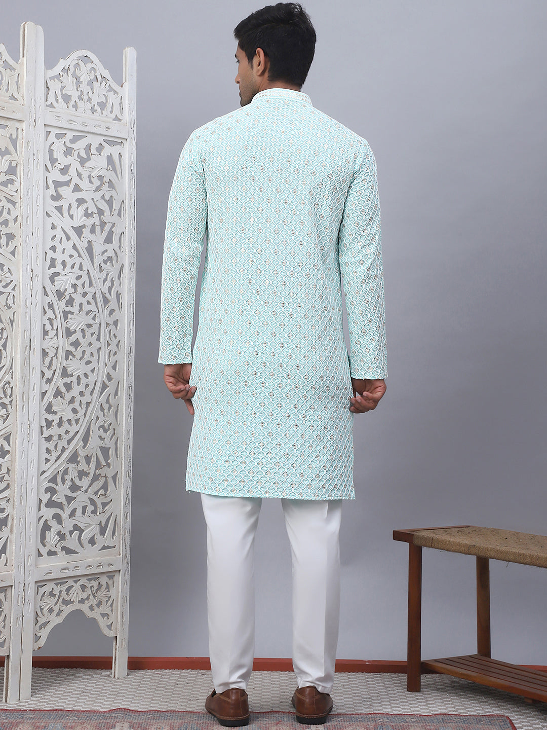 Blue Cotton Embroidered Kurta Pajama Set