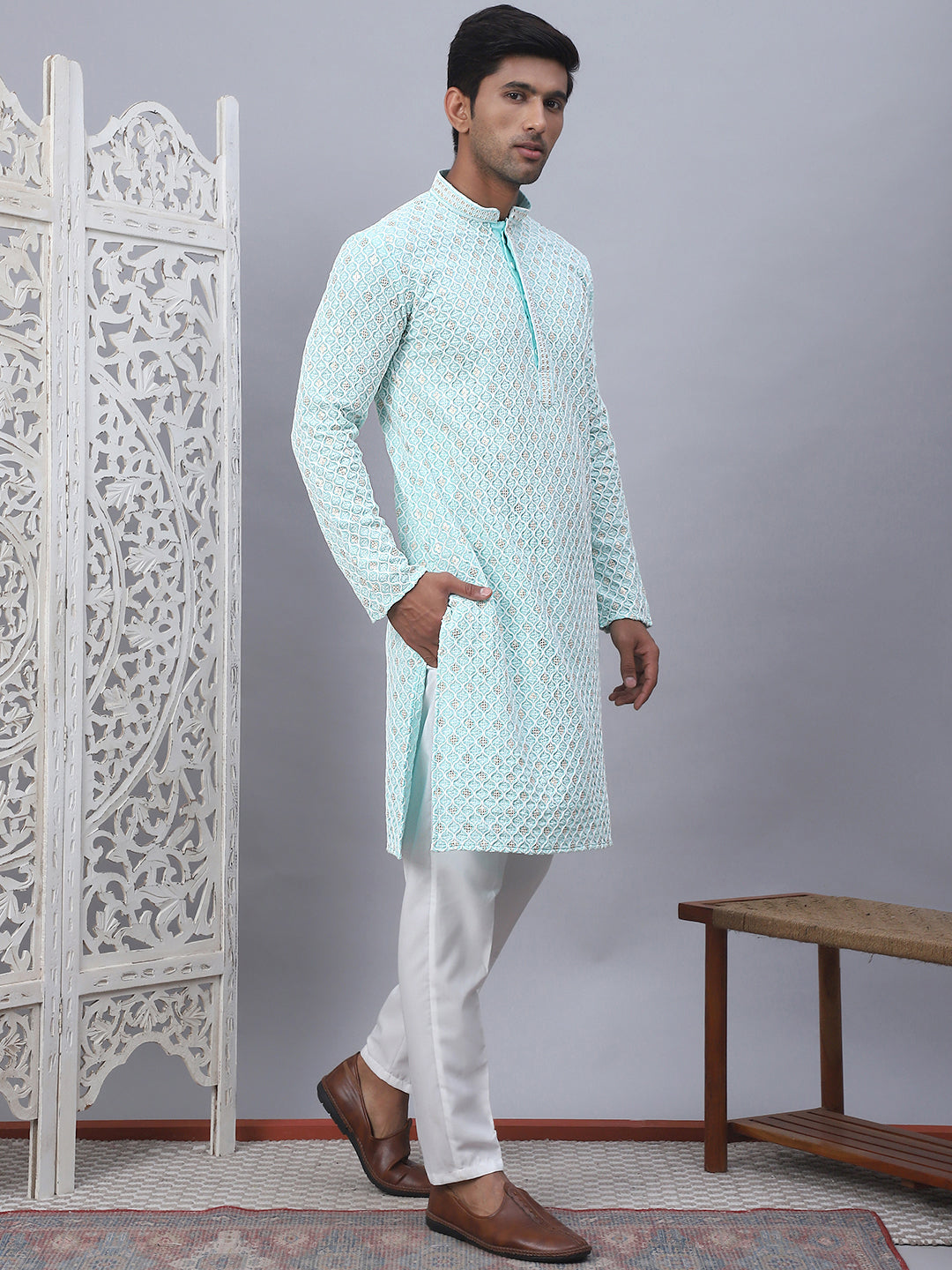 Blue Cotton Embroidered Kurta Pajama Set