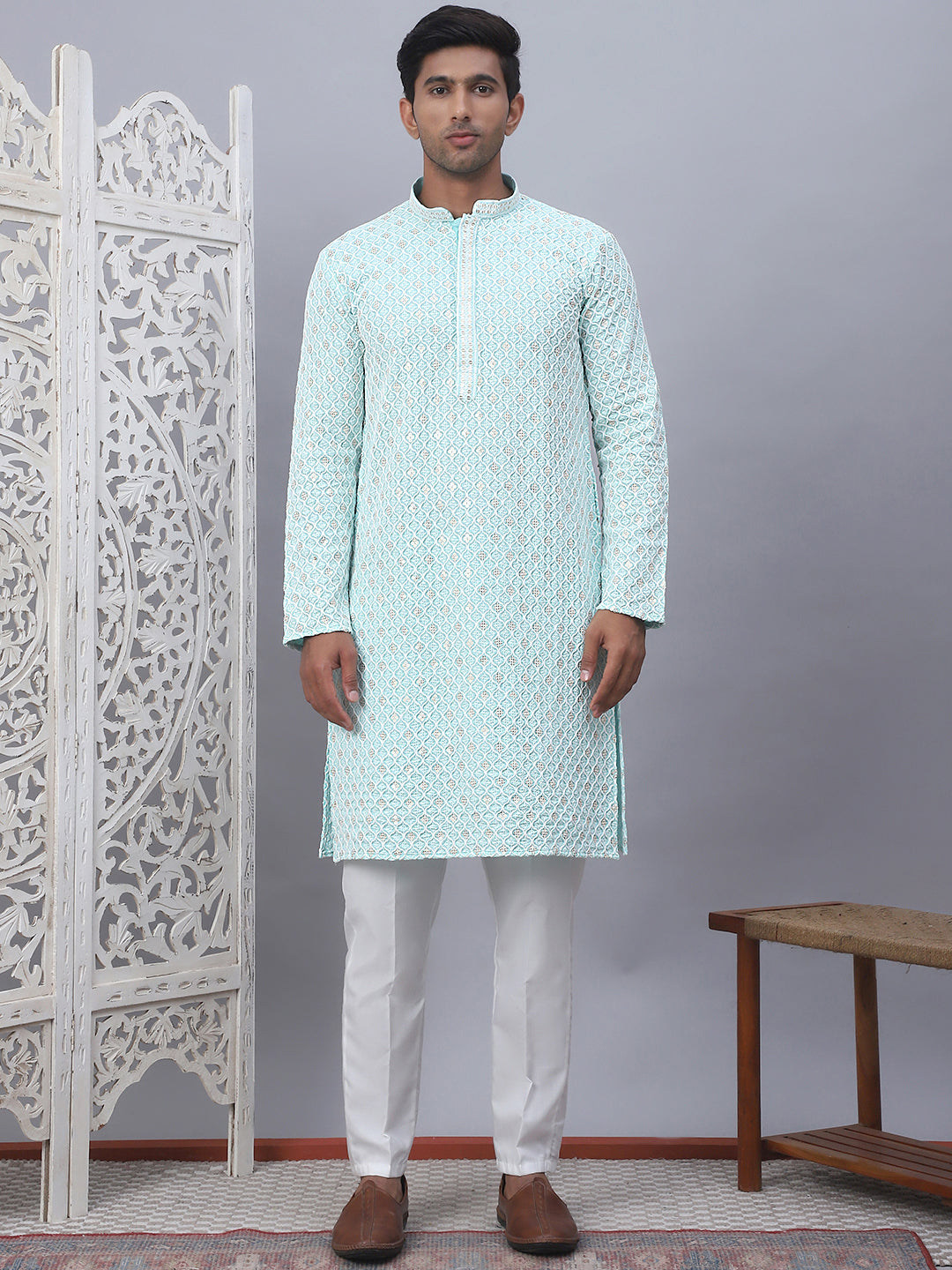 Blue Cotton Embroidered Kurta Pajama Set