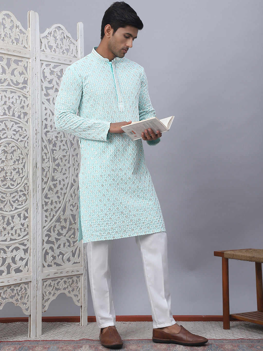 Blue Cotton Embroidered Kurta Pajama Set