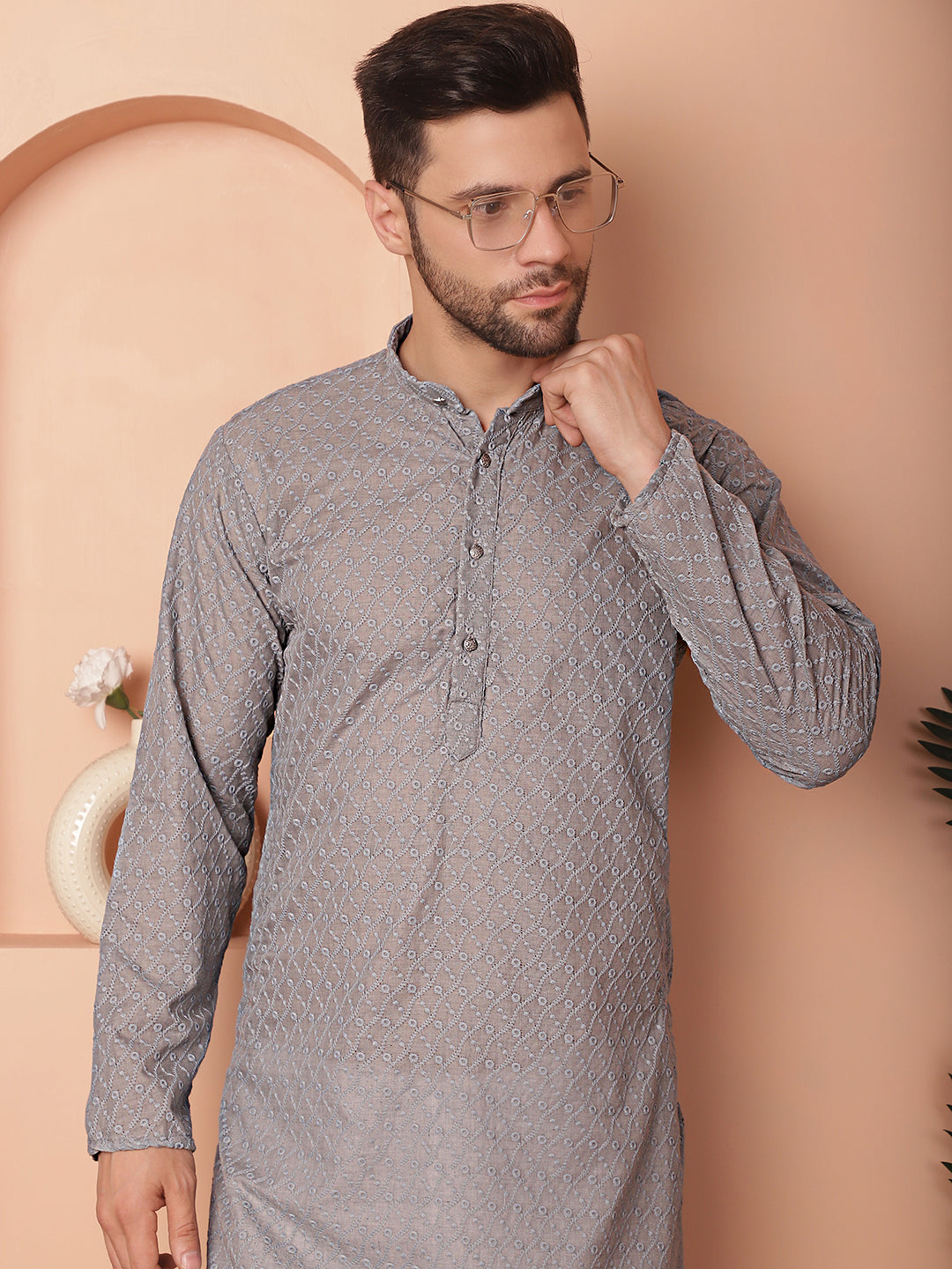 Gray Cotton Embroidered Kurta Pajama Set