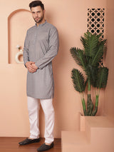 Gray Cotton Embroidered Kurta Pajama Set