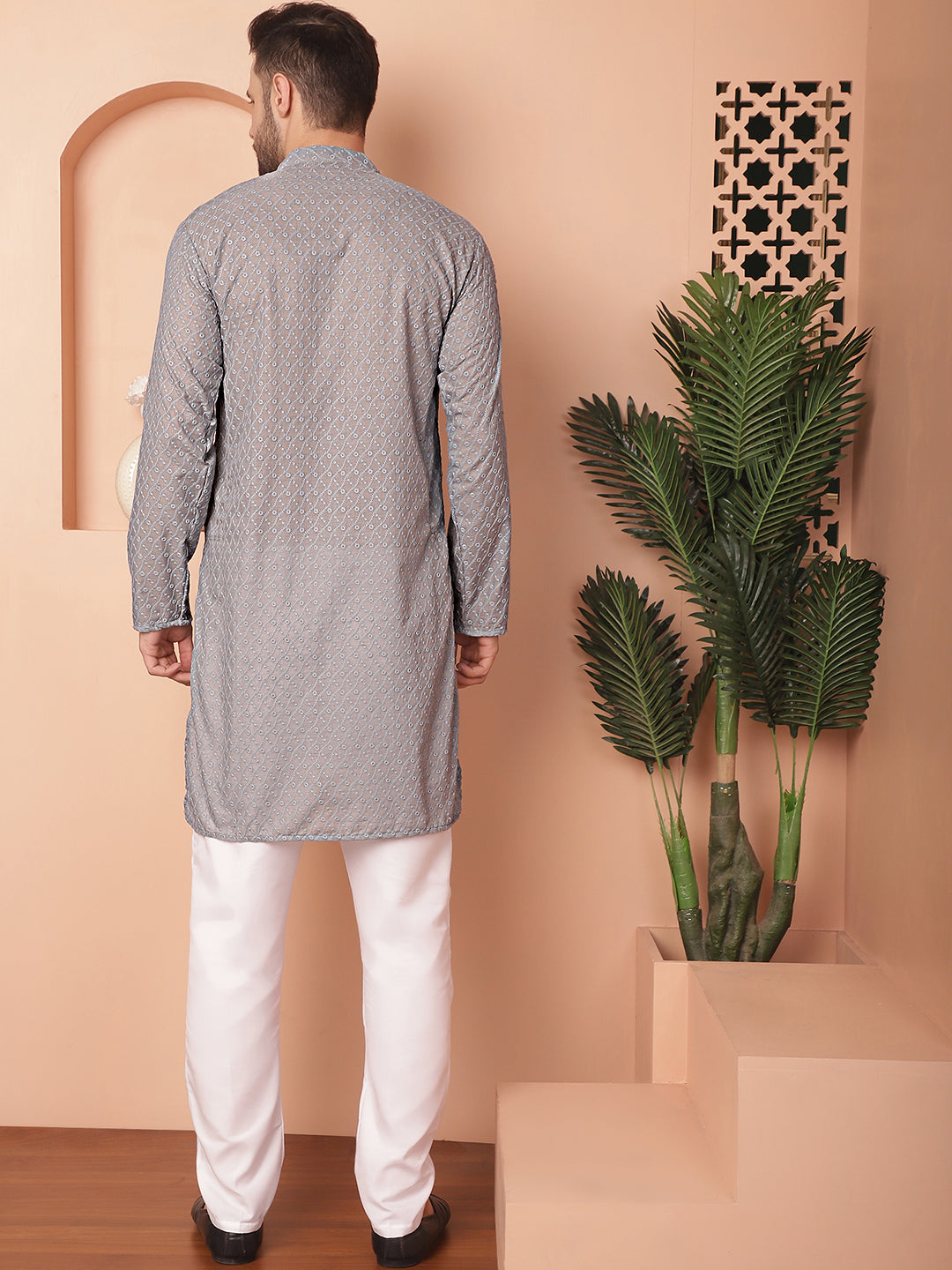 Gray Cotton Embroidered Kurta Pajama Set