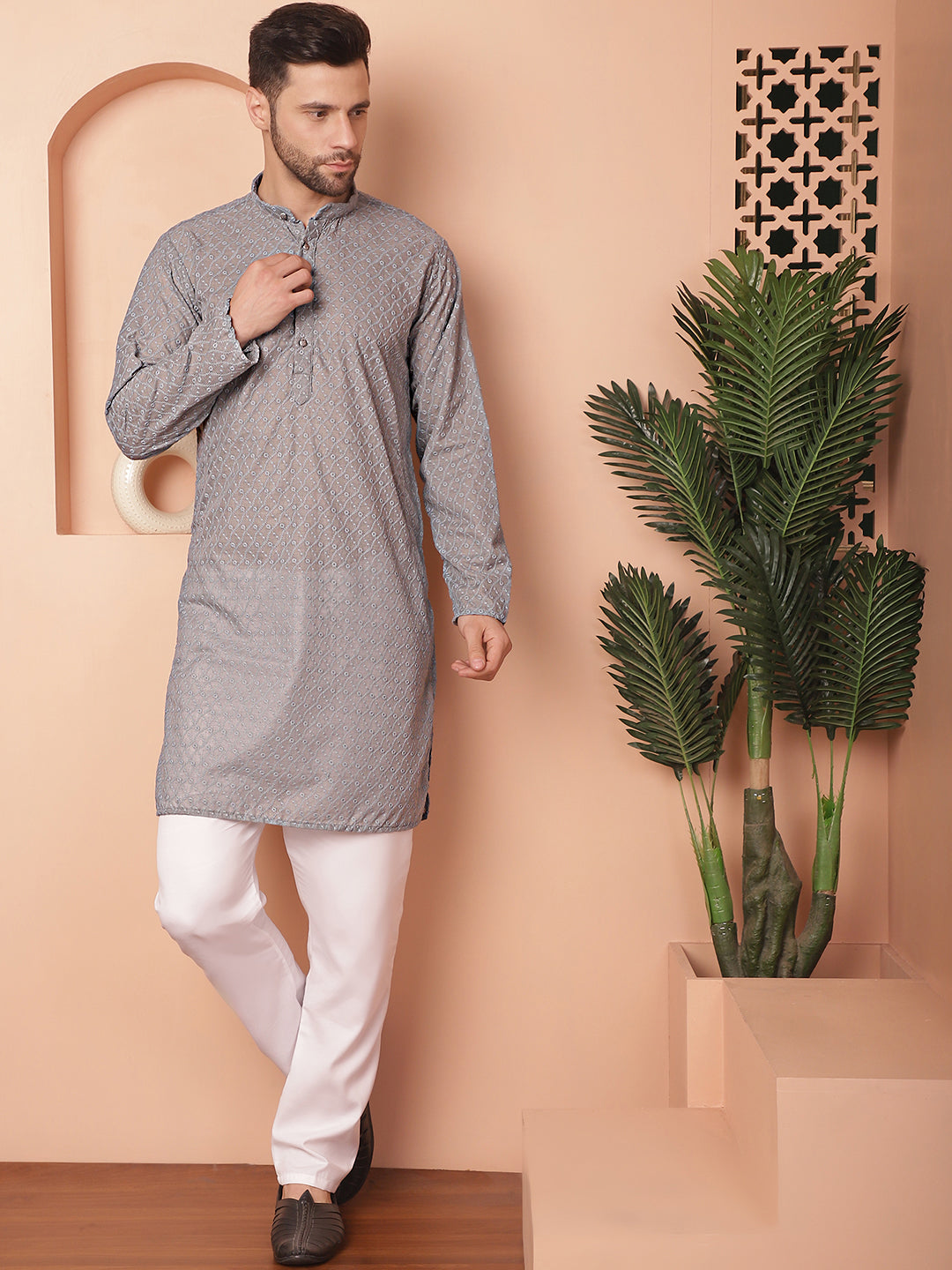 Gray Cotton Embroidered Kurta Pajama Set