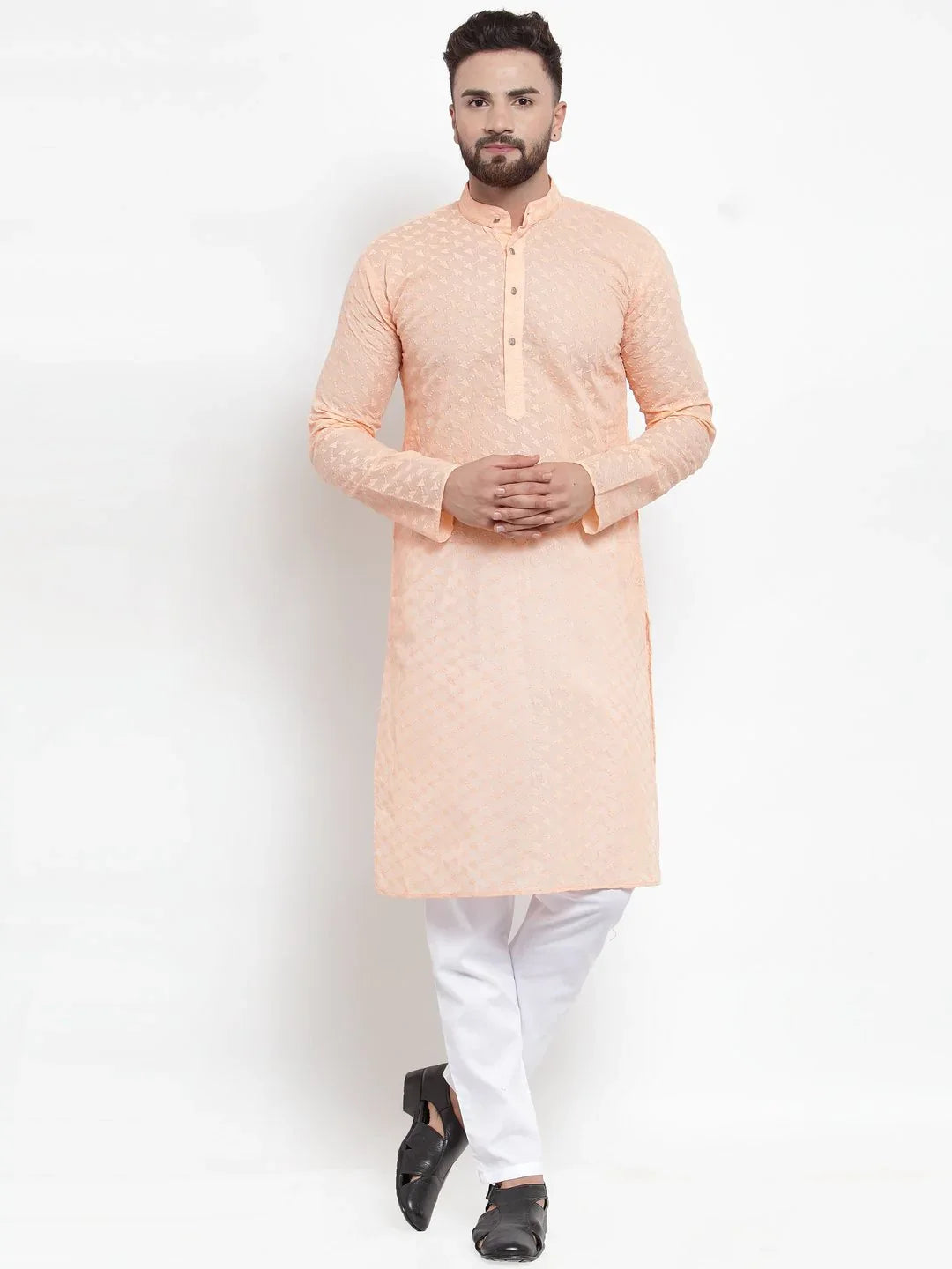 Men's Orange Cotton Embroidered Kurta Top