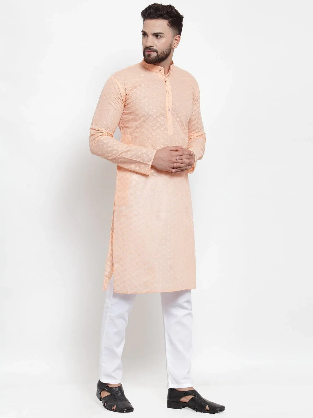 Men's Orange Cotton Embroidered Kurta Top