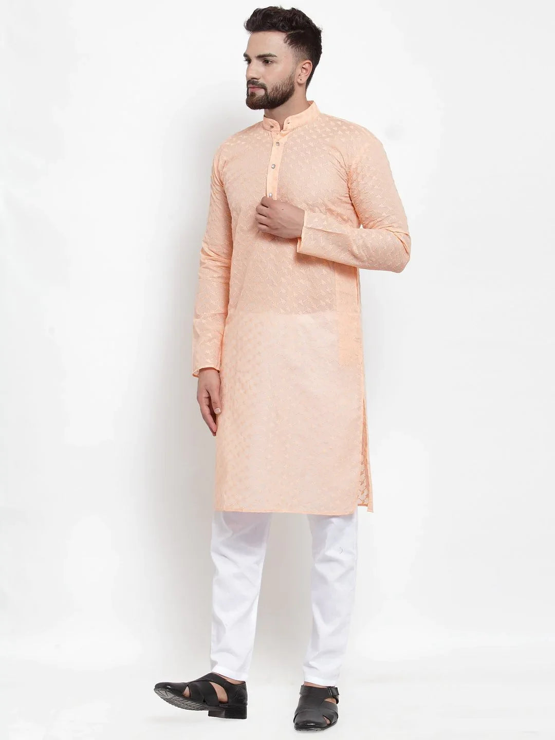 Men's Orange Cotton Embroidered Kurta Top