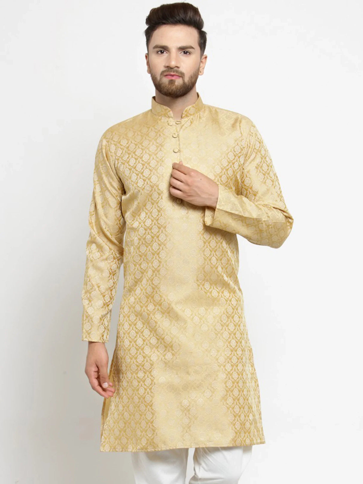 Men's Gold Jacquard Silk Woven Design Kurta Top