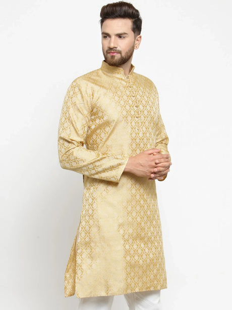 Men's Gold Jacquard Silk Woven Design Kurta Top