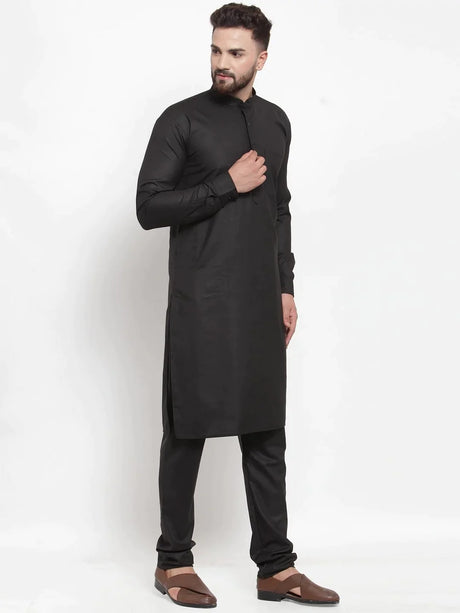 Men's Black Cotton Solid Kurta Set