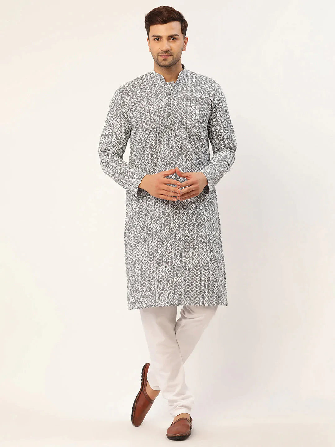 Men's Grey Cotton Chikankari Kurta Set