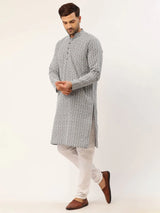 Men's Grey Cotton Chikankari Kurta Set