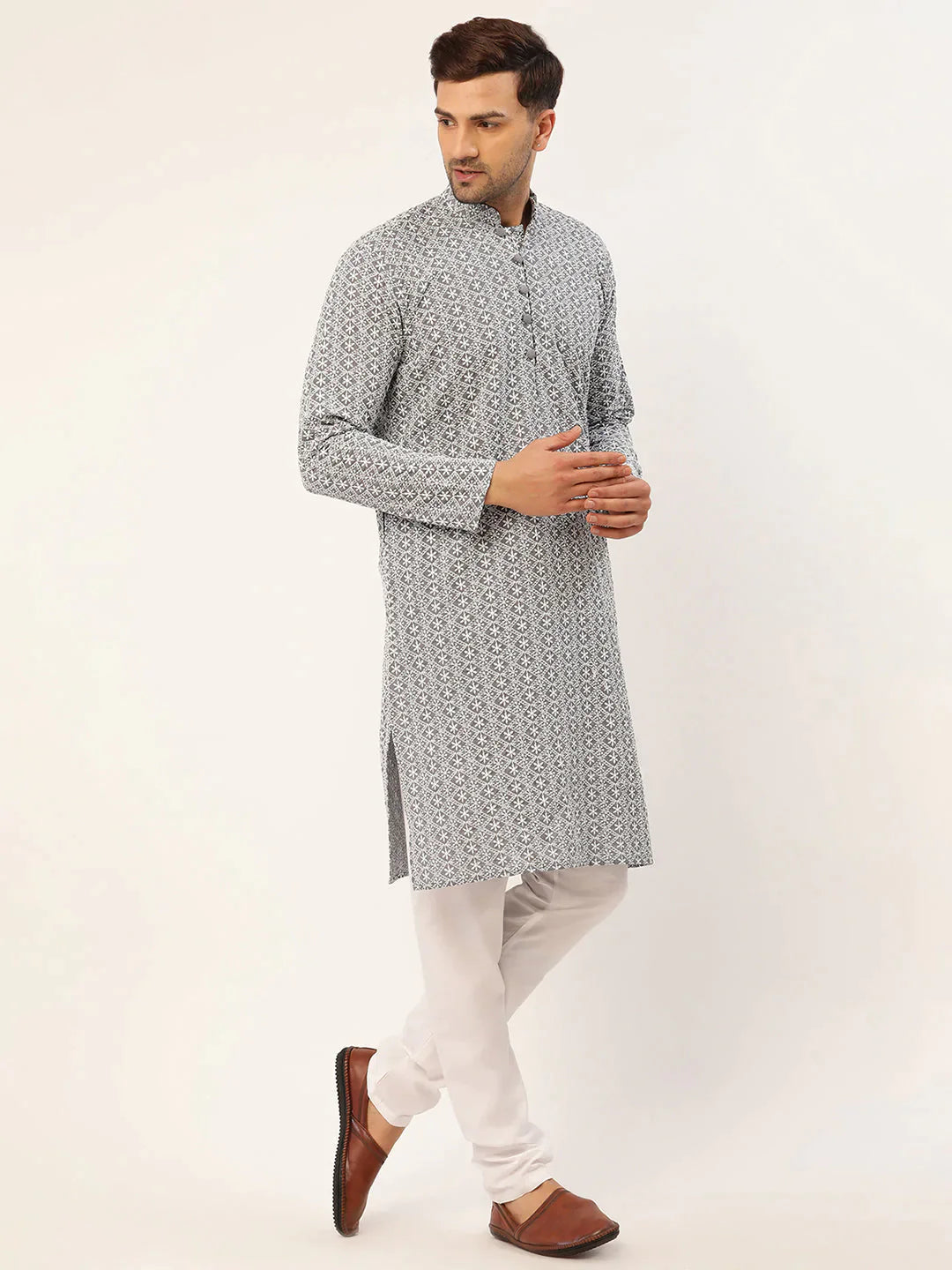 Men's Grey Cotton Chikankari Kurta Set