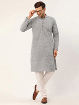 Men's Grey Cotton Chikankari Kurta Set