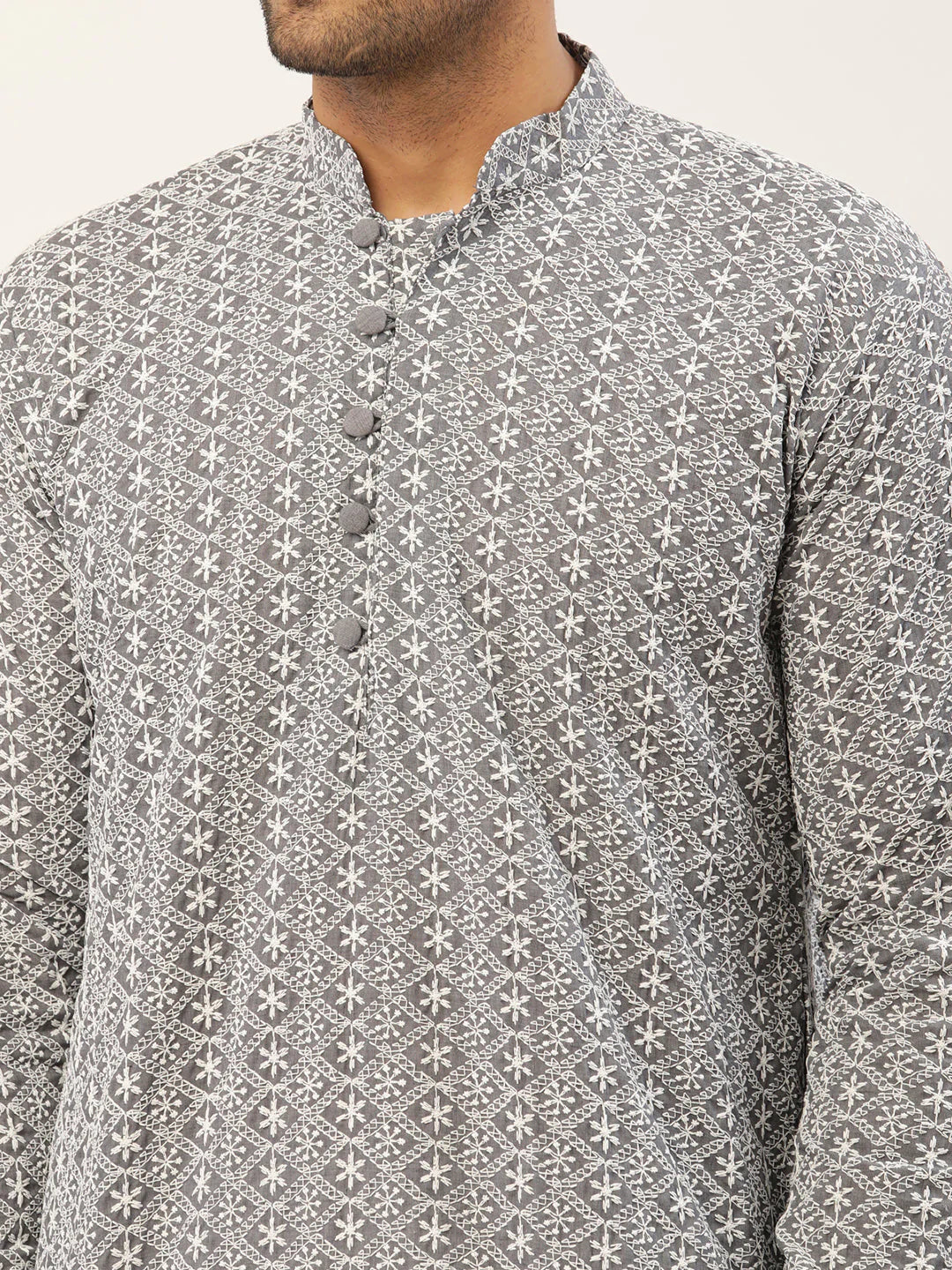 Men's Grey Cotton Chikankari Kurta Set