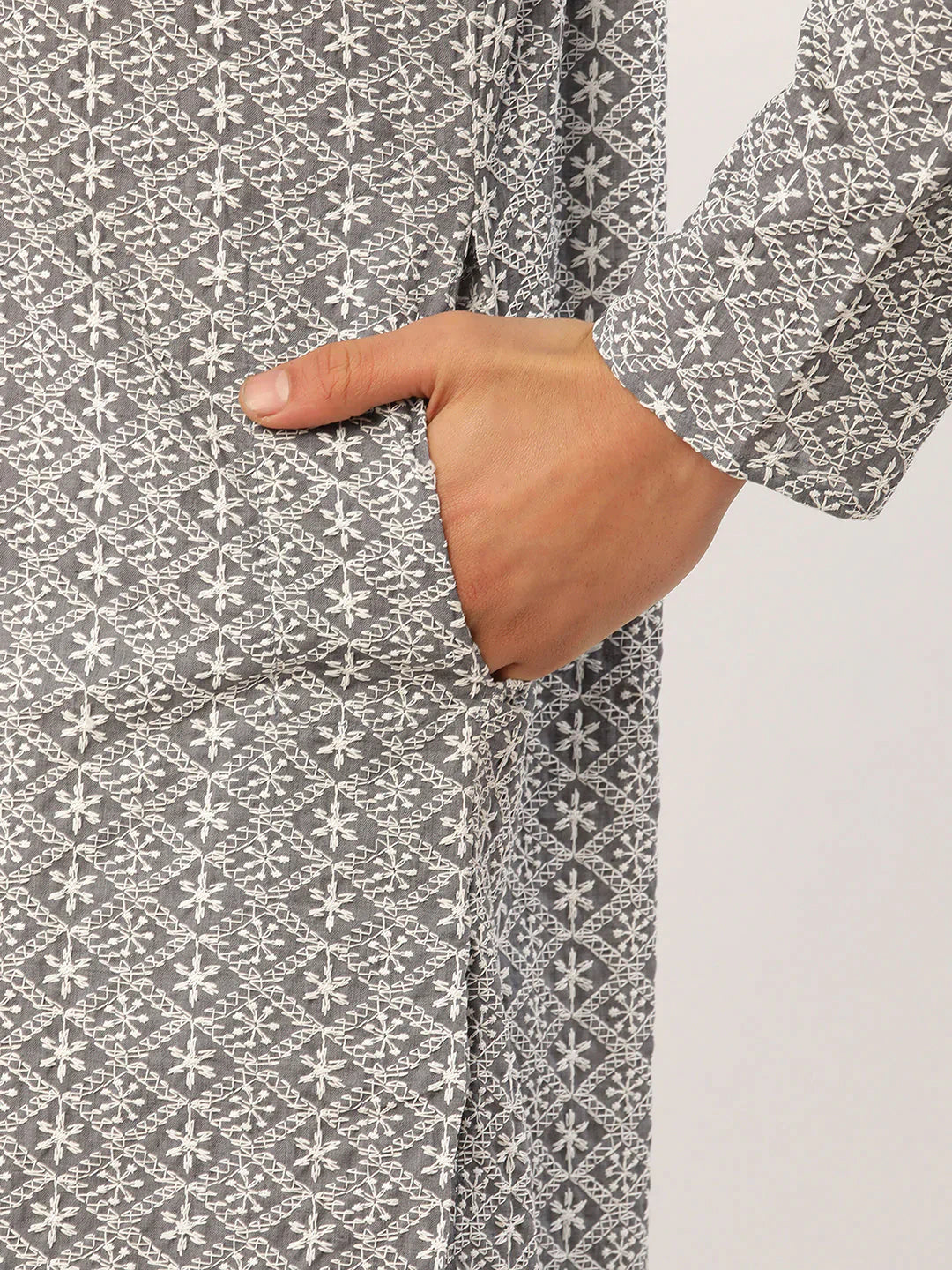 Men's Grey Cotton Chikankari Kurta Set