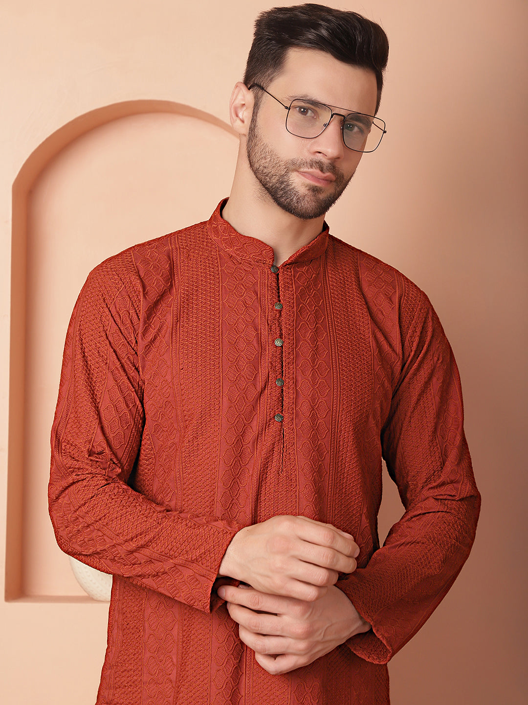 Red Cotton Embroidered Kurta Pajama Set