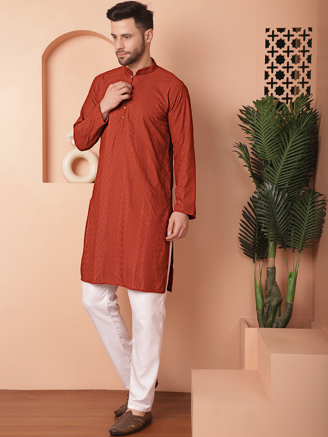 Red Cotton Embroidered Kurta Pajama Set