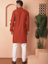 Red Cotton Embroidered Kurta Pajama Set