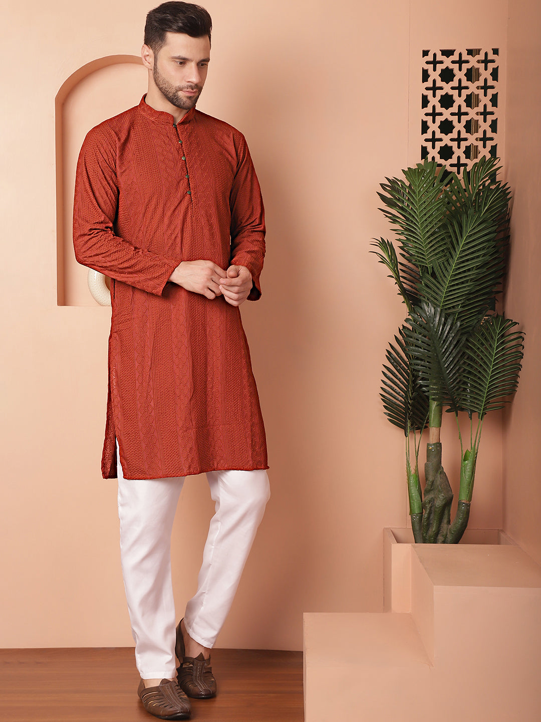 Red Cotton Embroidered Kurta Pajama Set