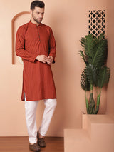 Red Cotton Embroidered Kurta Pajama Set