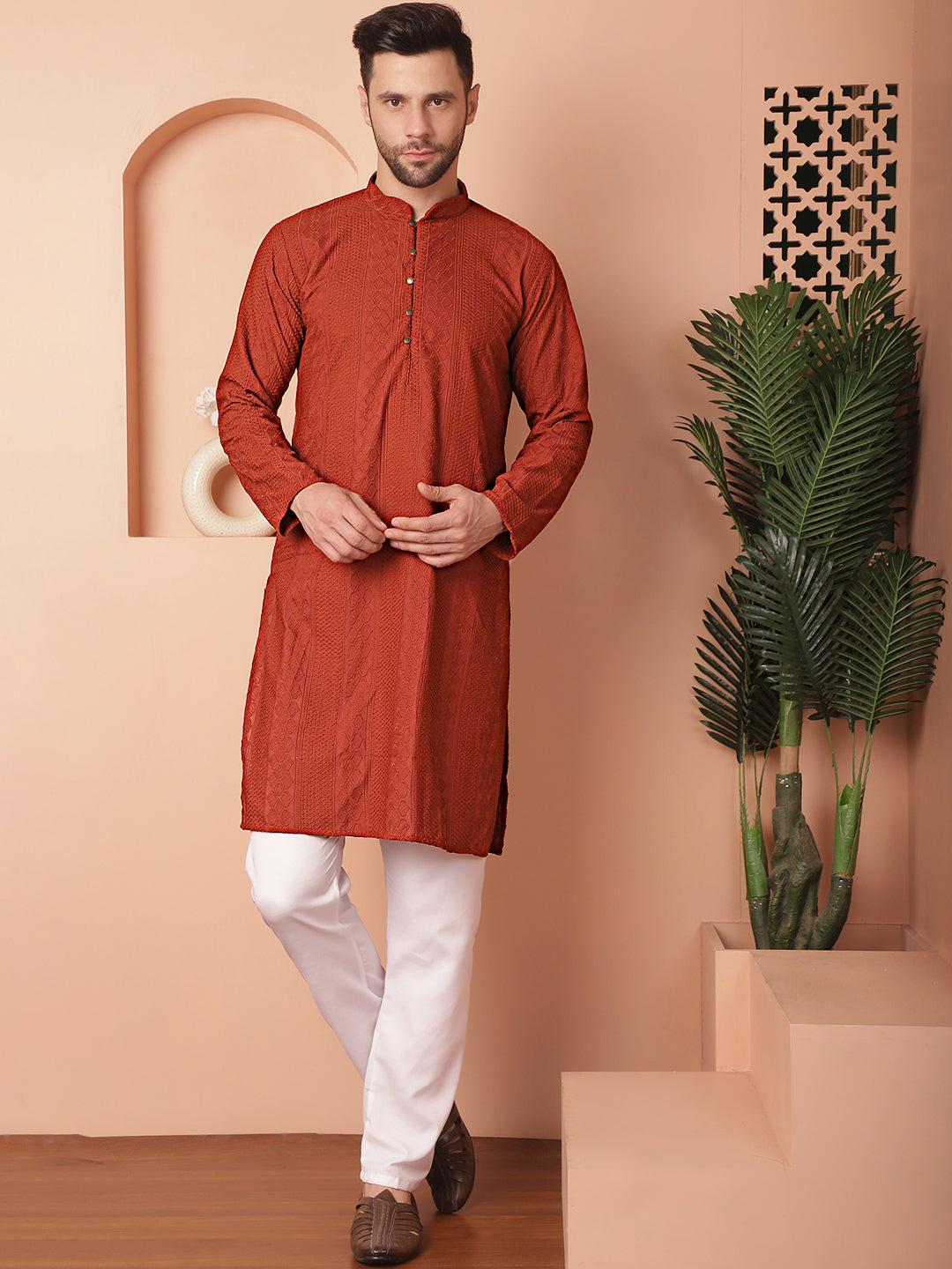 Red Cotton Embroidered Kurta Pajama Set