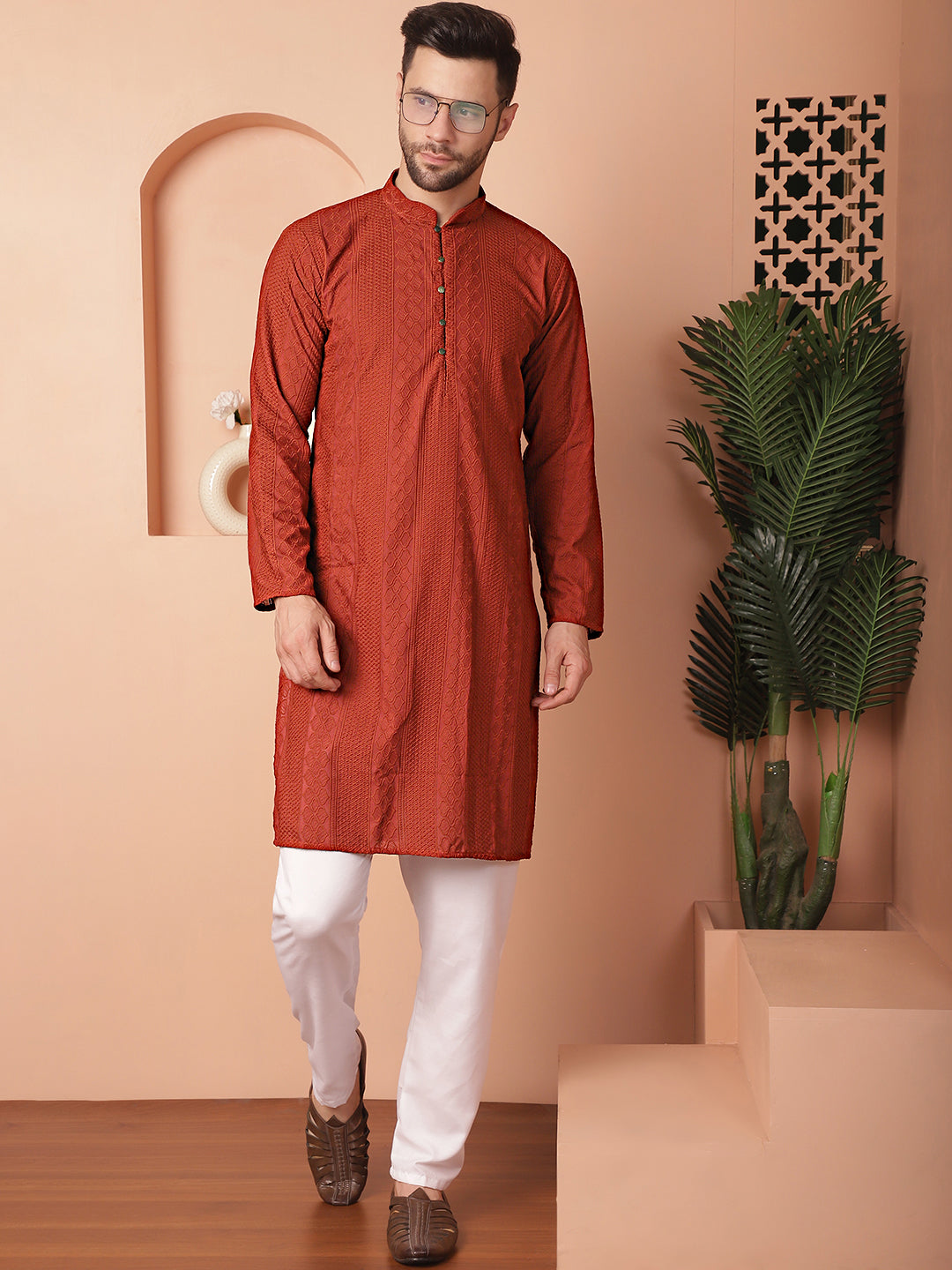 Red Cotton Embroidered Kurta Pajama Set