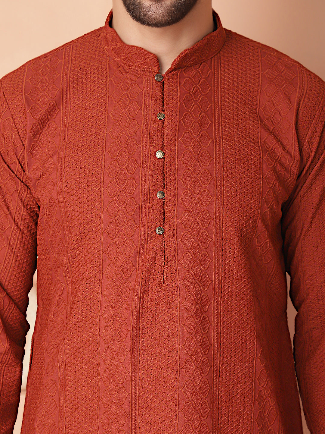 Red Cotton Embroidered Kurta Pajama Set