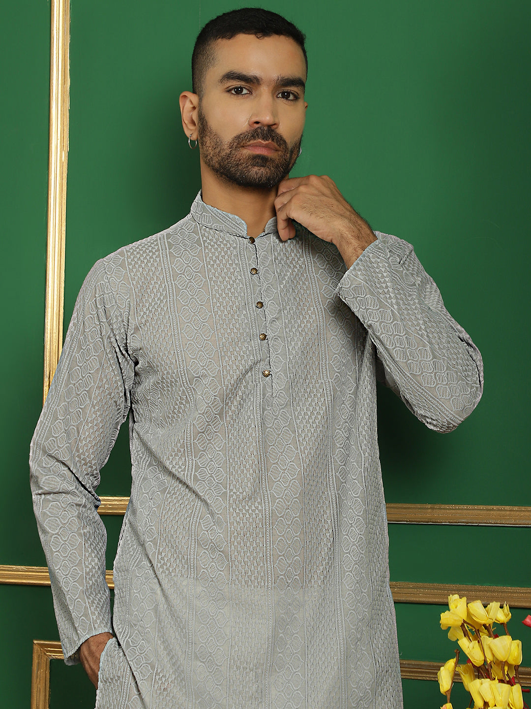 Gray Cotton Embroidered Kurta Pajama Set