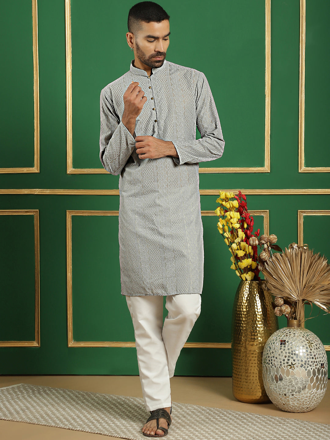 Gray Cotton Embroidered Kurta Pajama Set