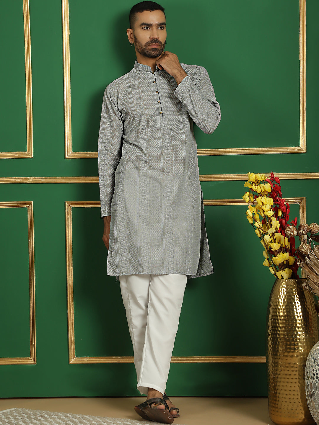 Gray Cotton Embroidered Kurta Pajama Set