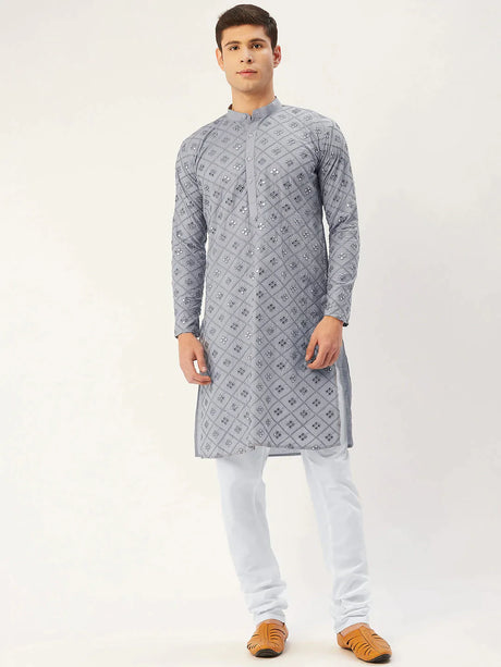 Men's Grey Cotton Blend Mirror Work Kurta Top