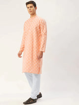 Men's Peach Cotton Blend Printed Kurta Set