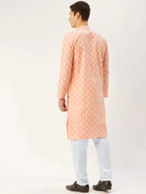 Men's Peach Cotton Blend Printed Kurta Set