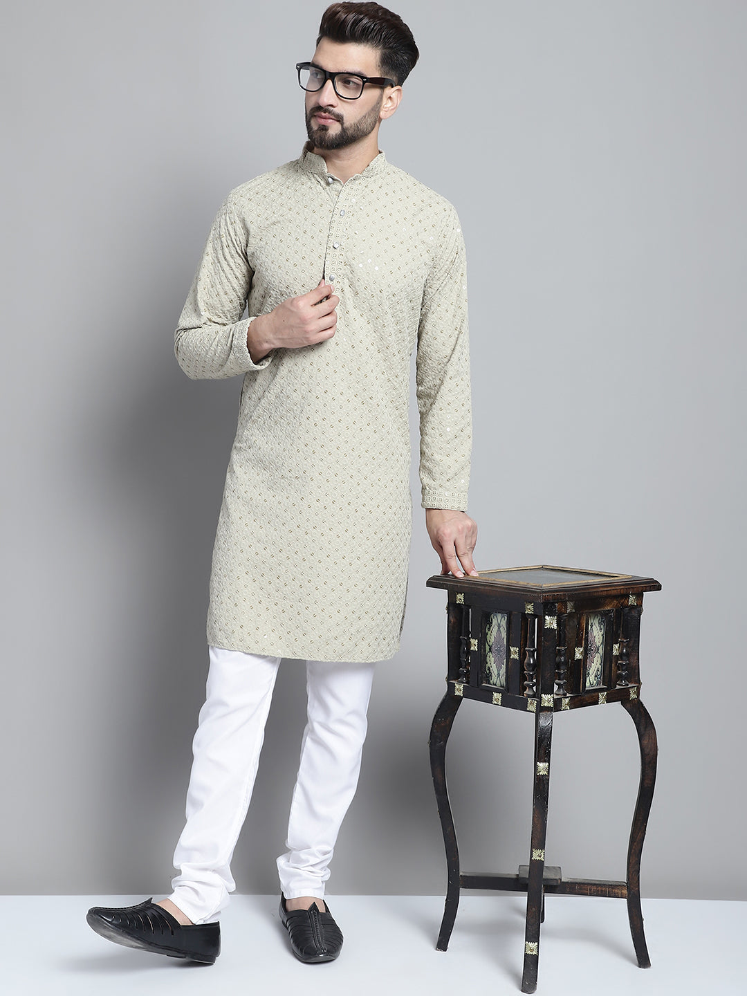 Beige Cotton Sequin Embroidered Kurta Pajama Set