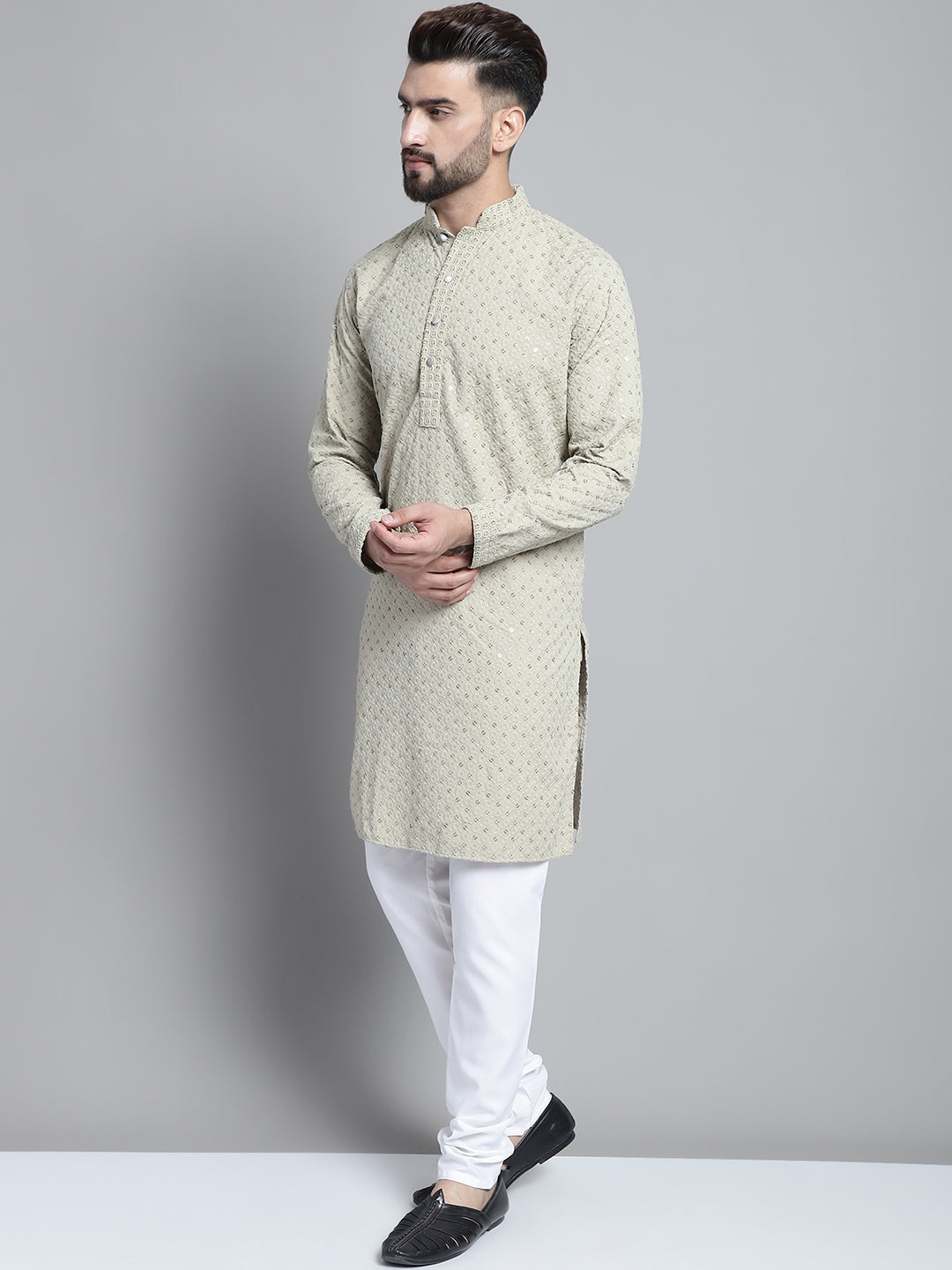 Beige Cotton Sequin Embroidered Kurta Pajama Set