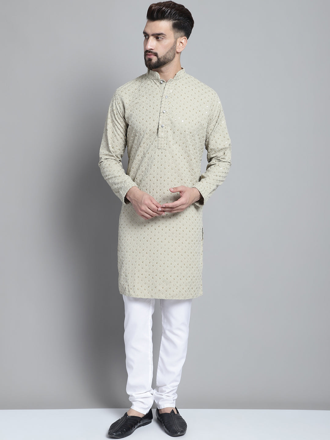 Beige Cotton Sequin Embroidered Kurta Pajama Set