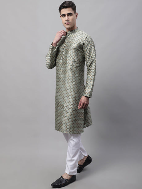 Men's Green Printed Silk Blend Kurta Pajama