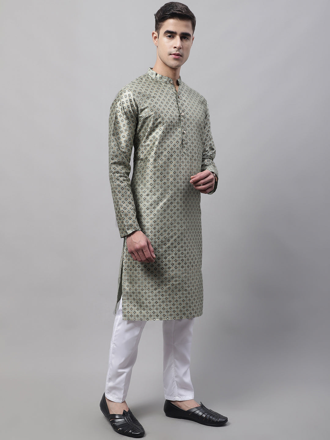 Men's Green Printed Silk Blend Kurta Pajama